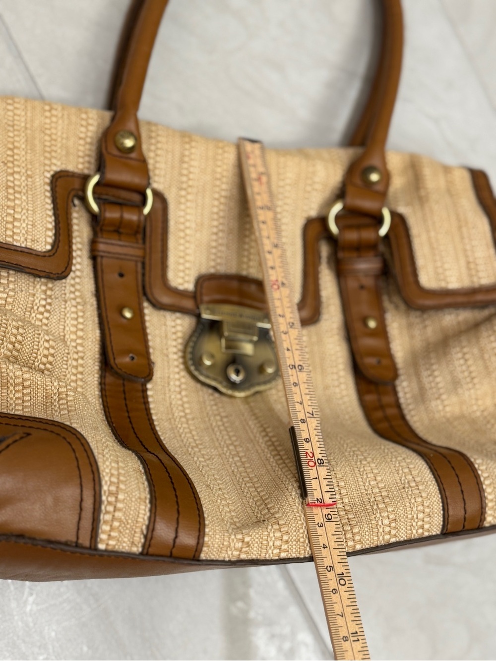 Etienne Aigner Woven Straw Leather Satchel Bag Tan Vintage Coastal - Picture 15 of 16